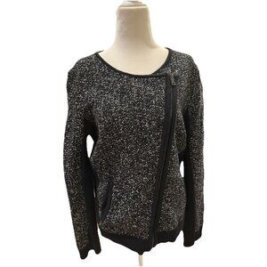 Ann Taylor Loft Black White L Moto Jacket Round Neck Long Sleeve Zip Up Cotton